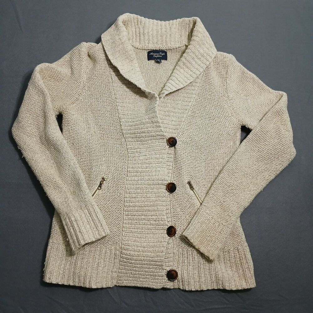 American Eagle Cardigan Sweater Women M Tan Tight Knit Acrylic Blend Button Up